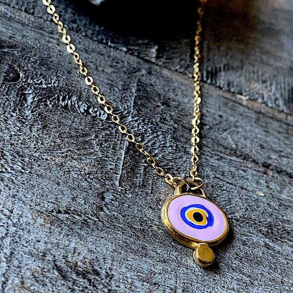 NEW Light Pink Enamel Evil Eye Layering Necklace - Picture 3 of 9